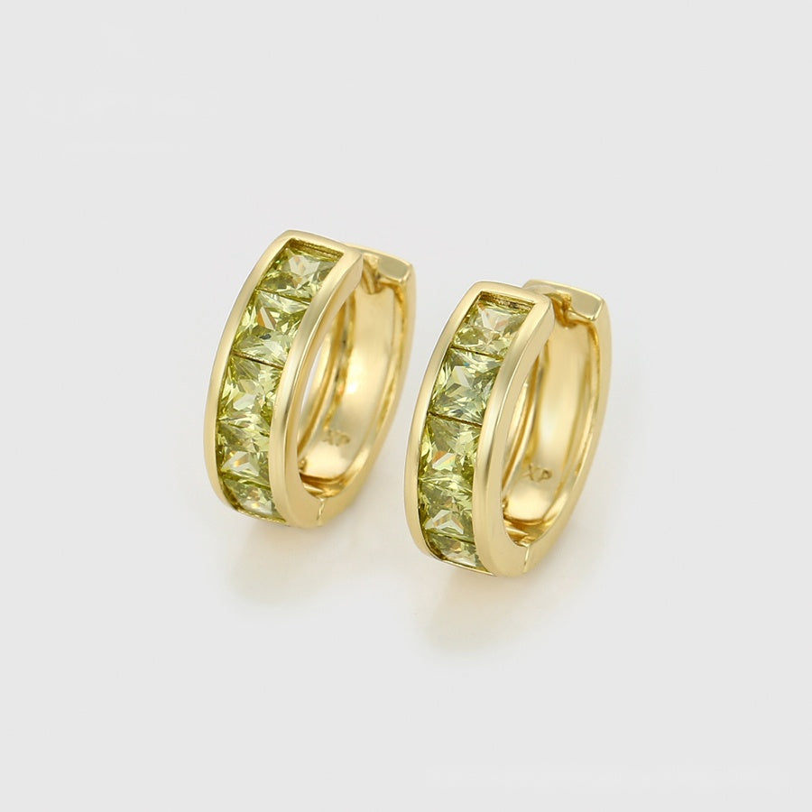 Gold Huggie Hoop Earrings with Green Stones