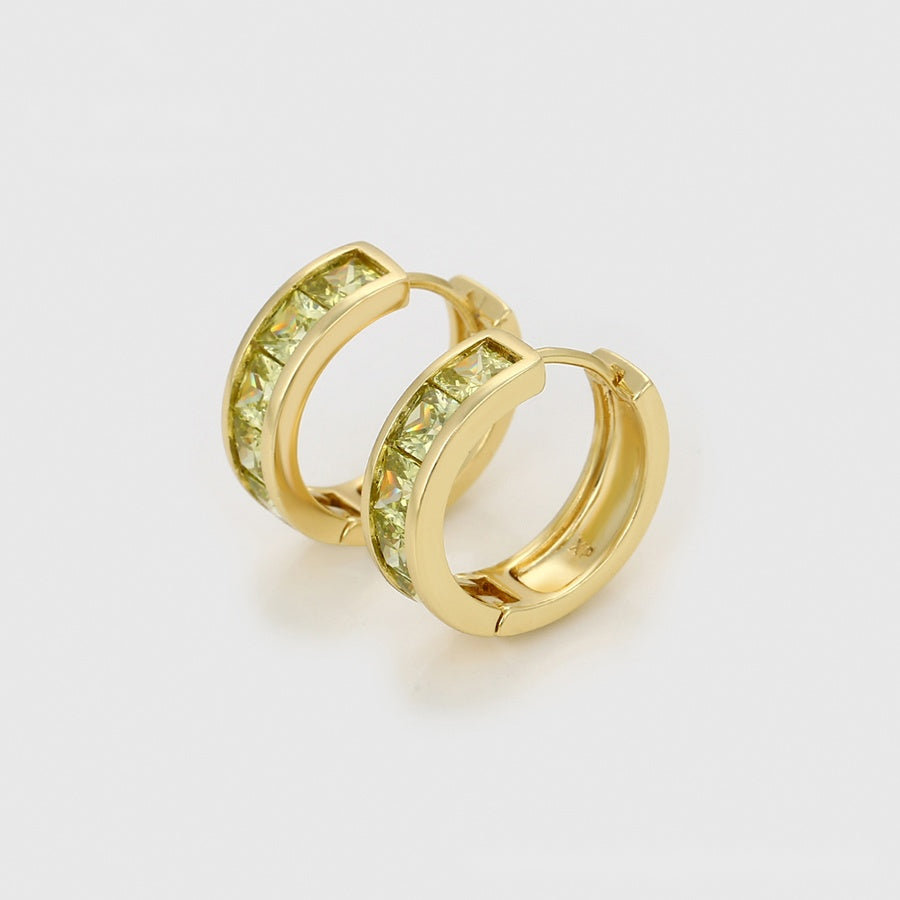 Gold Huggie Hoop Earrings with Green Stones