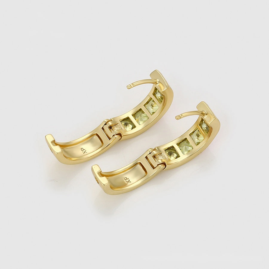 Gold Huggie Hoop Earrings with Green Stones