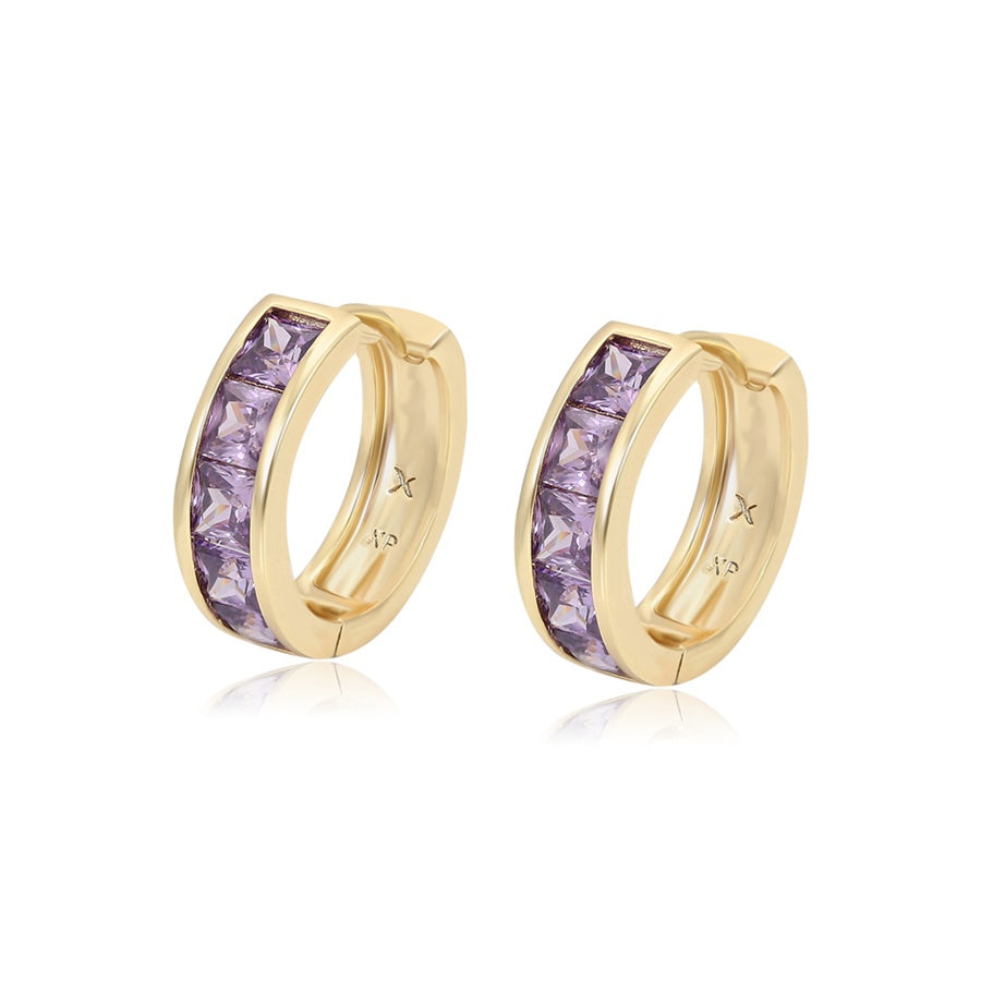 Gold Huggie Hoop Earrings with Purple Stones