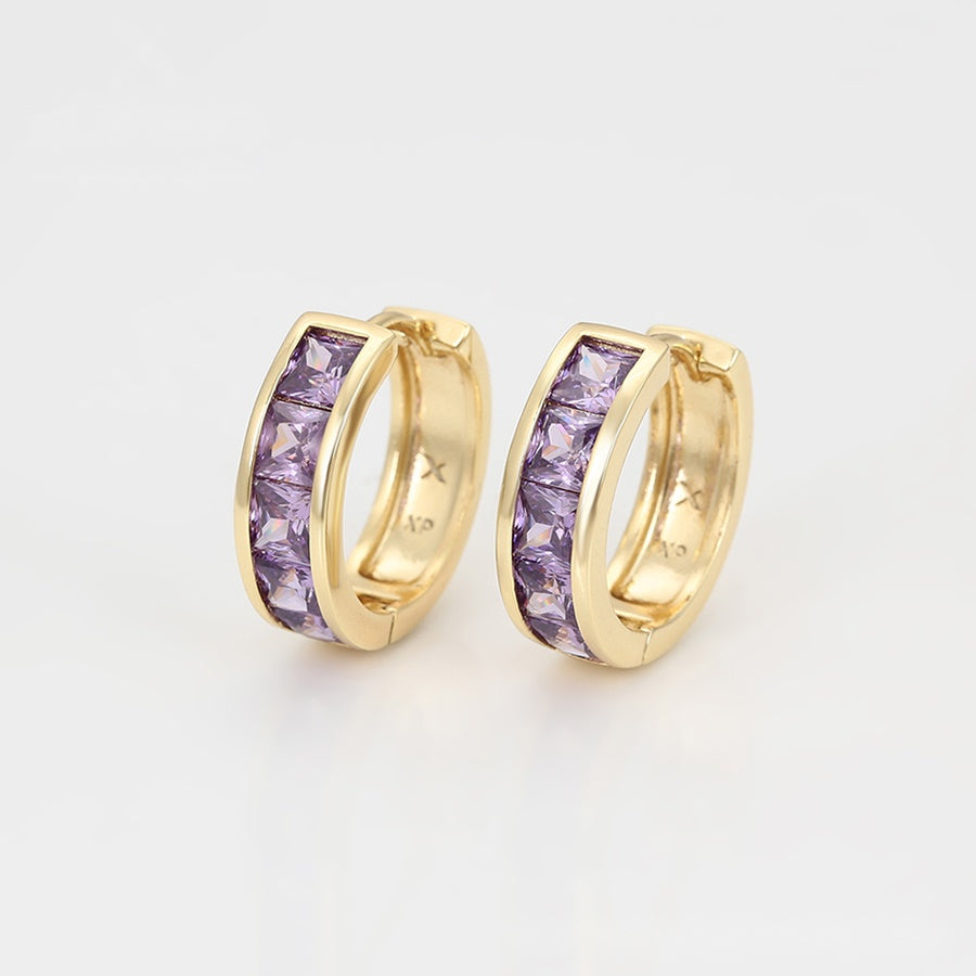 Gold Huggie Hoop Earrings with Purple Stones