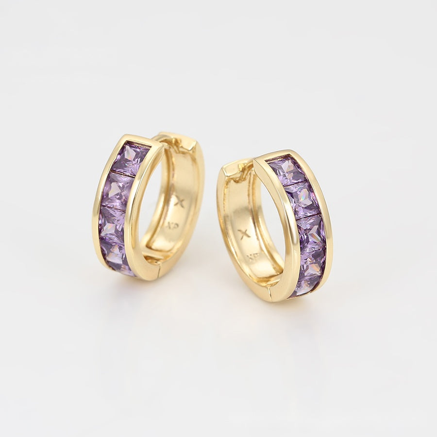 Gold Huggie Hoop Earrings with Purple Stones