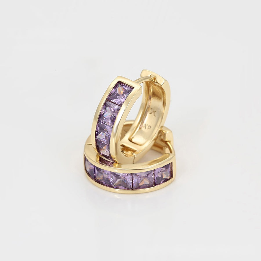 Gold Huggie Hoop Earrings with Purple Stones