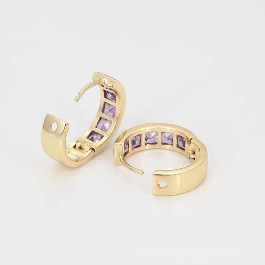 Gold Huggie Hoop Earrings with Purple Stones