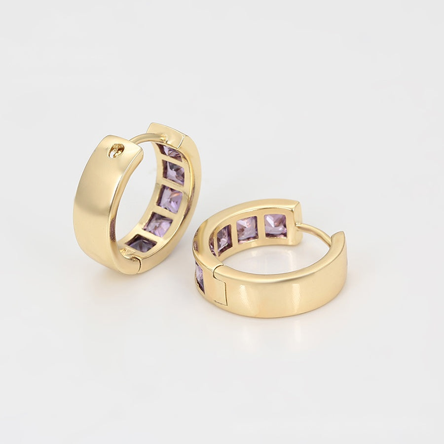 Gold Huggie Hoop Earrings with Purple Stones