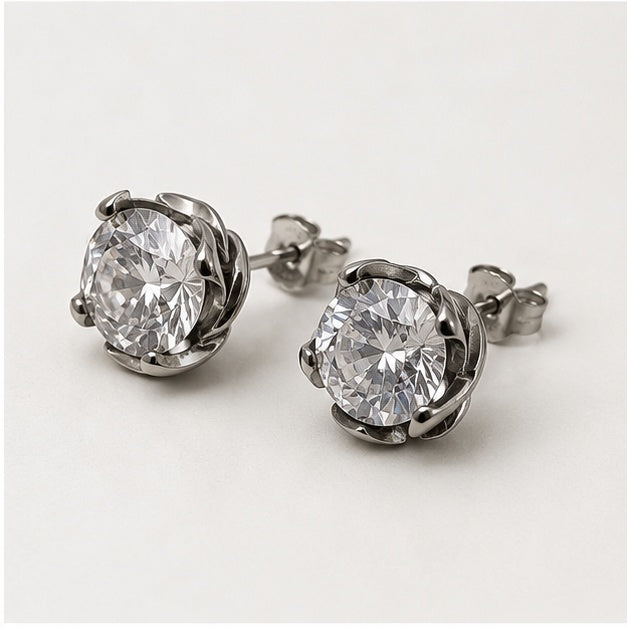 Silver Round Crystal Stud Earrings