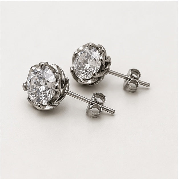 Silver Round Crystal Stud Earrings