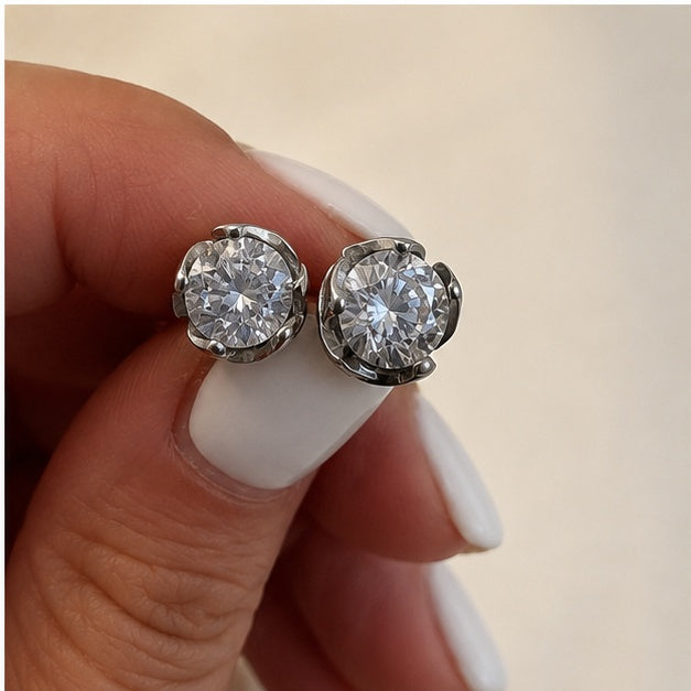 Silver Round Crystal Stud Earrings