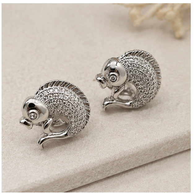 Silver Crystal Fish Stud Earrings