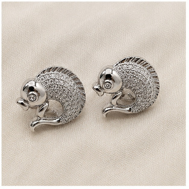 Silver Crystal Fish Stud Earrings